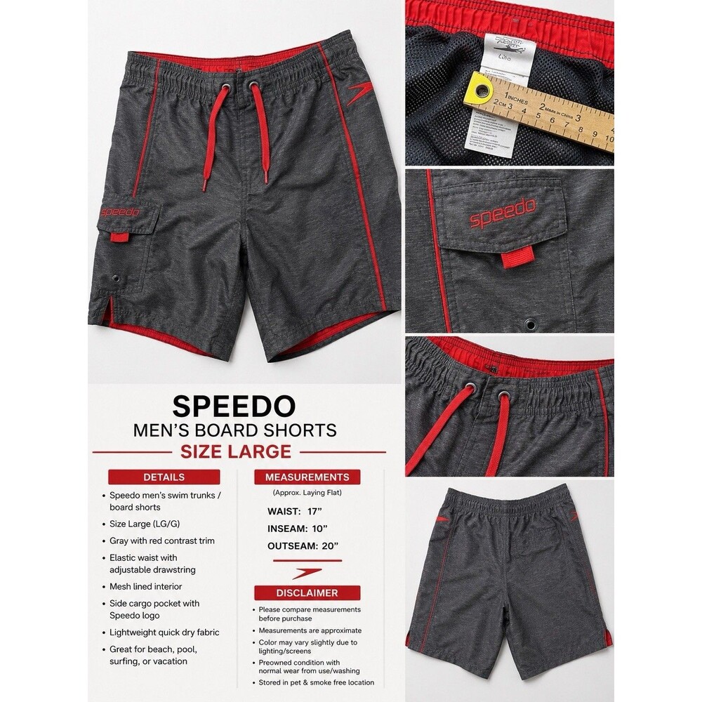 Speedo Board Short Gray Red White Accent Pockets Swim Trunks Men Sz L Drawstring
